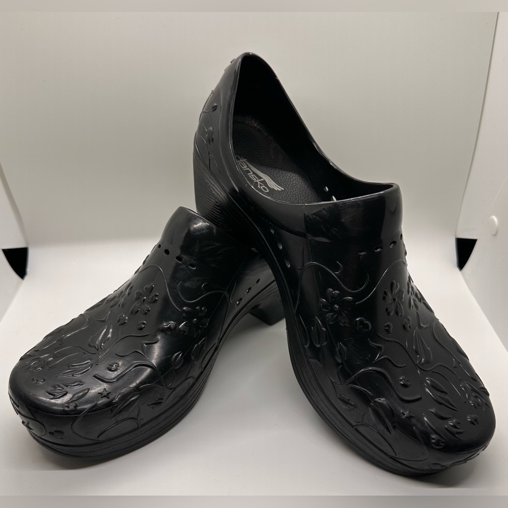 Dansko Black Floral Patterned Clogs